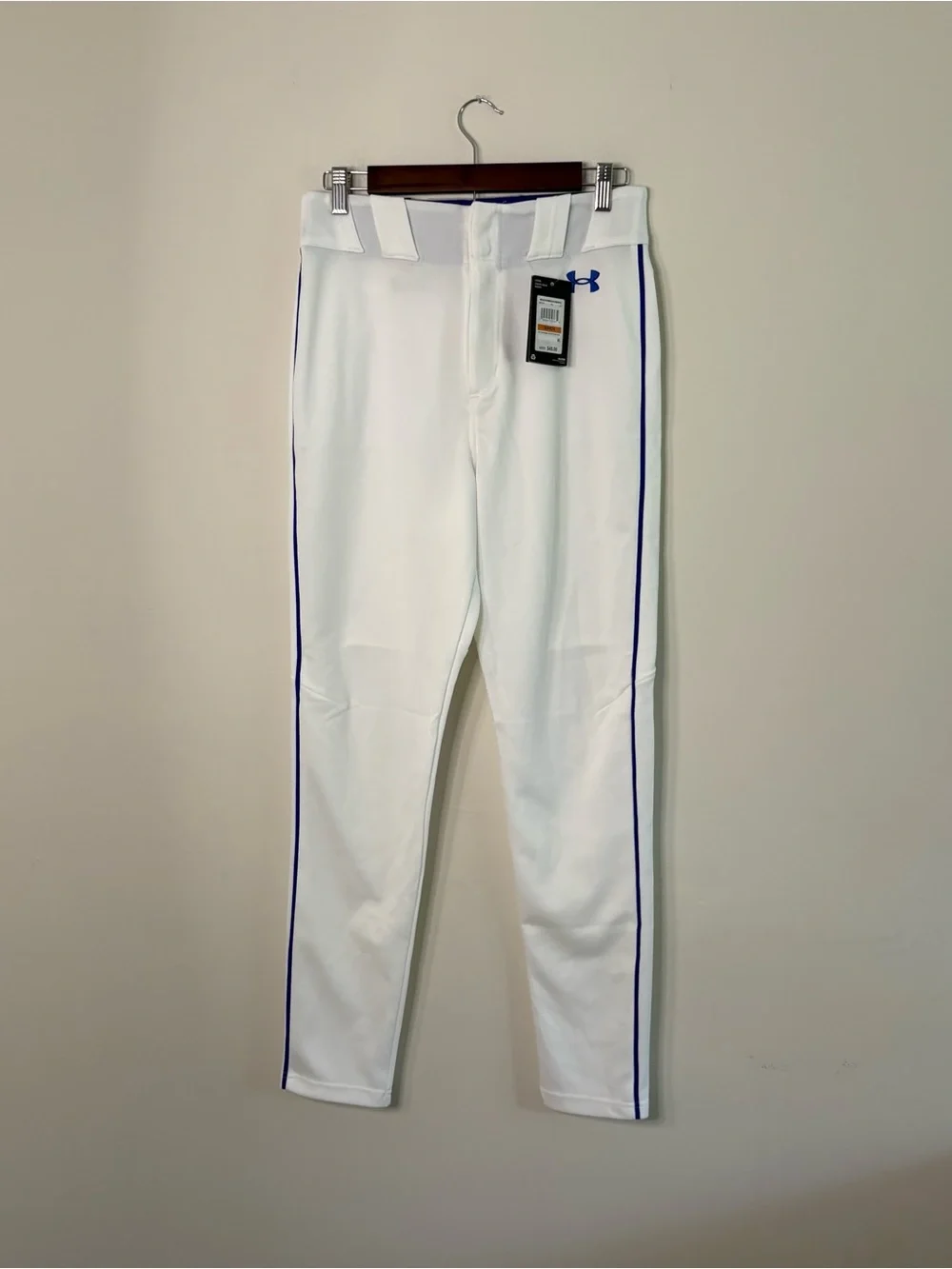 NWT Under Armour Men’s Small White Baseball Softball Pants Blue Piping